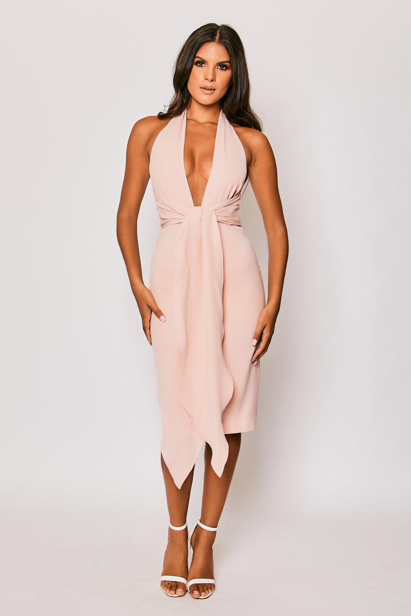 Briana - Pale Pink Halter-neck Backless Midi Dress