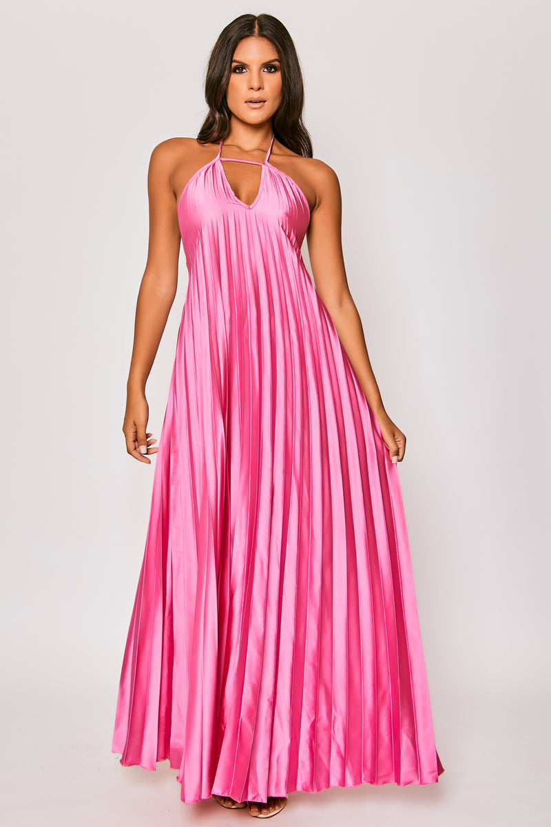 Paloma - Hot Pink Pleated Satin Maxi Dress