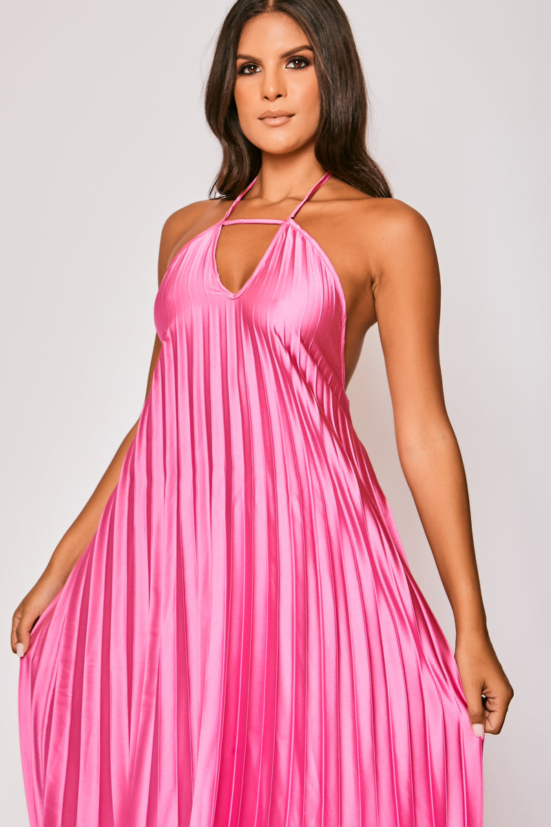 Paloma Hot Pink Pleated Satin Maxi Dress Miss G Couture