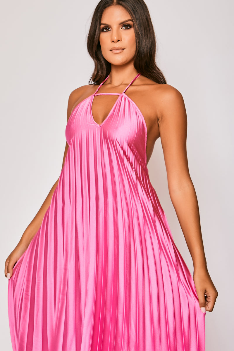 Paloma - Hot Pink Pleated Satin Maxi Dress