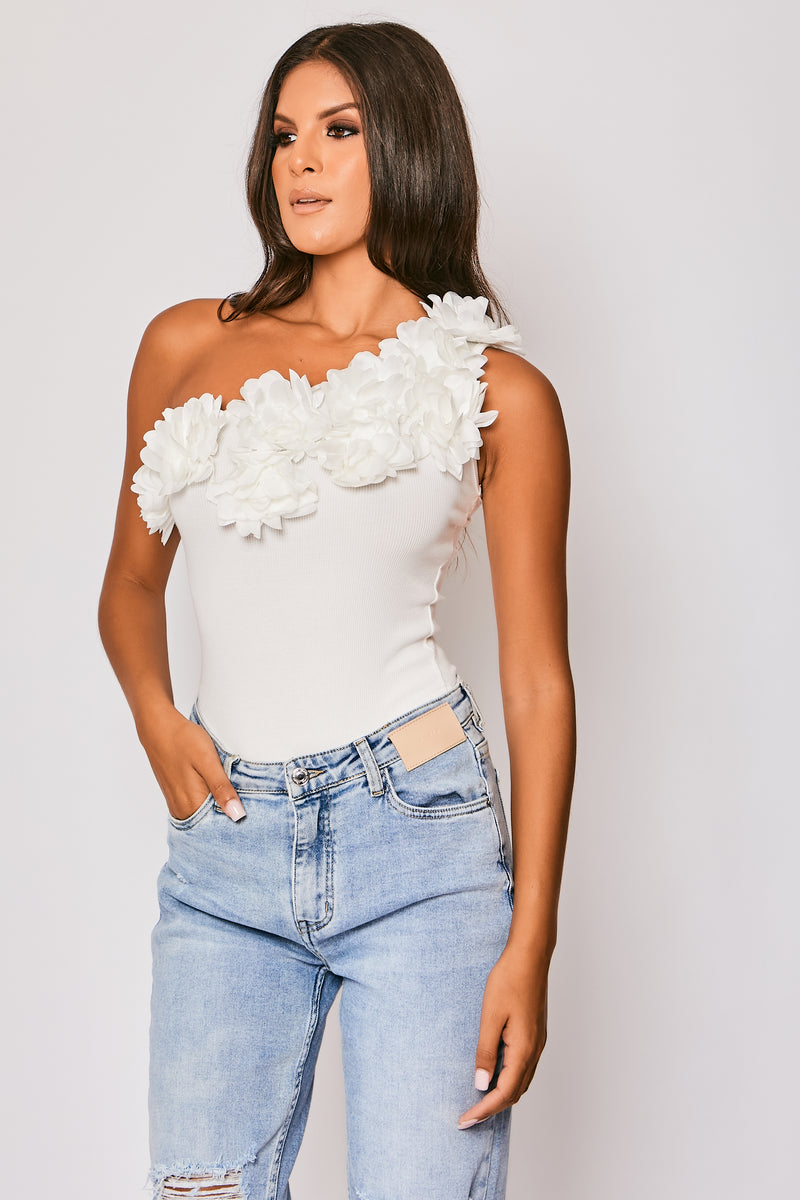 Bonnie - White One Shoulder Flower Trim Bodysuit