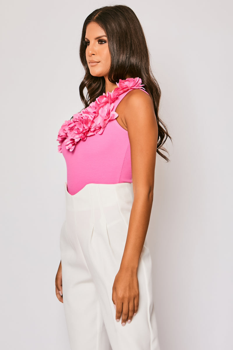 Bonnie - Hot Pink One Shoulder Flower Trim Bodysuit