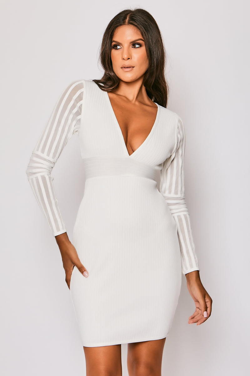 Keira - White Long Sleeve V Neck Bandage Dress