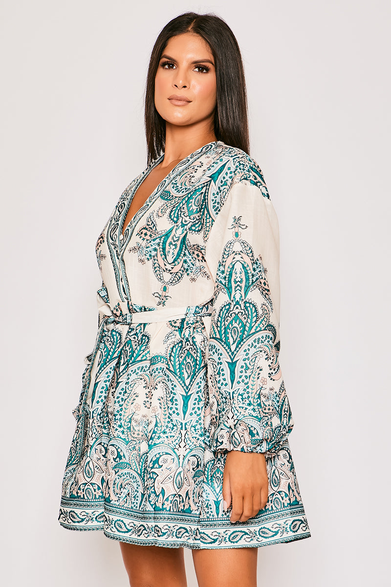 Marquis - Cream Paisley Belted Flare Mini Dress