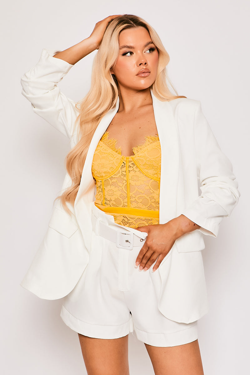 Shona - White Ruched Sleeve Blazer & Tailored Shorts Co-ord