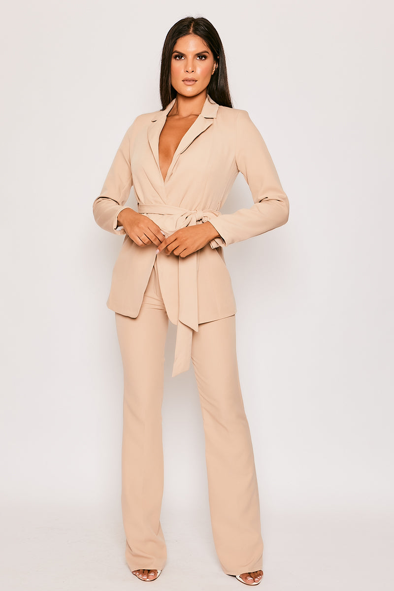Layala Nude Belted Blazer Flared Trouser Set Race Day