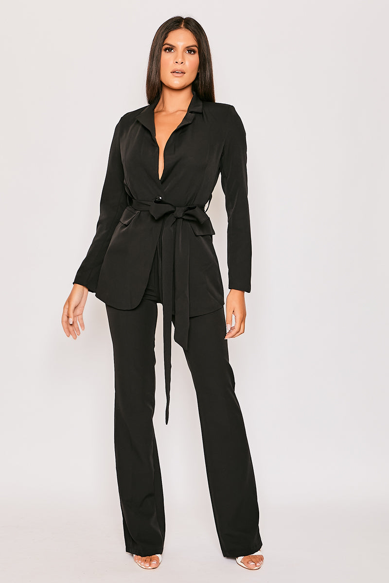 Layala - Black Belted Blazer & Flared Trouser Set