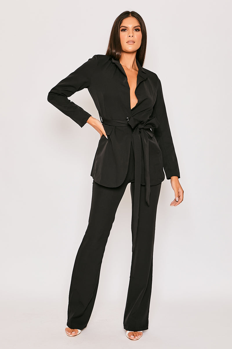 Layala Black Belted Blazer Flared Trouser Set