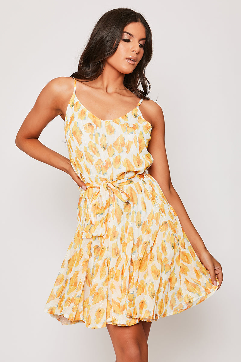 Larina - Yellow Strappy Floral Belted Long Sleeve Belted Day Dress