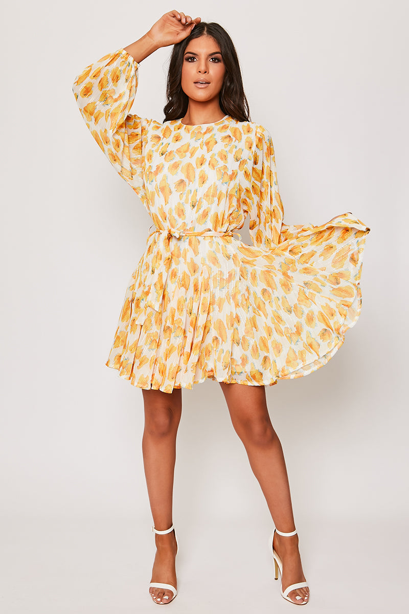 Delia - Yellow Foral Belted Long Sleeve Belted Day Dress