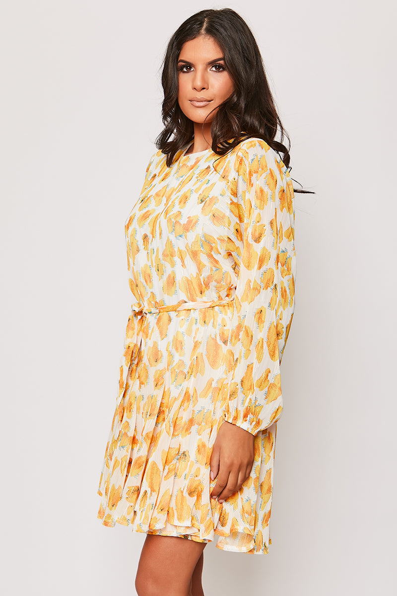 Delia - Yellow Foral Belted Long Sleeve Belted Day Dress