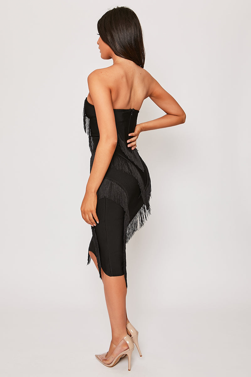 Caryss - Black Strapless Fringe Bandage Midi Dress