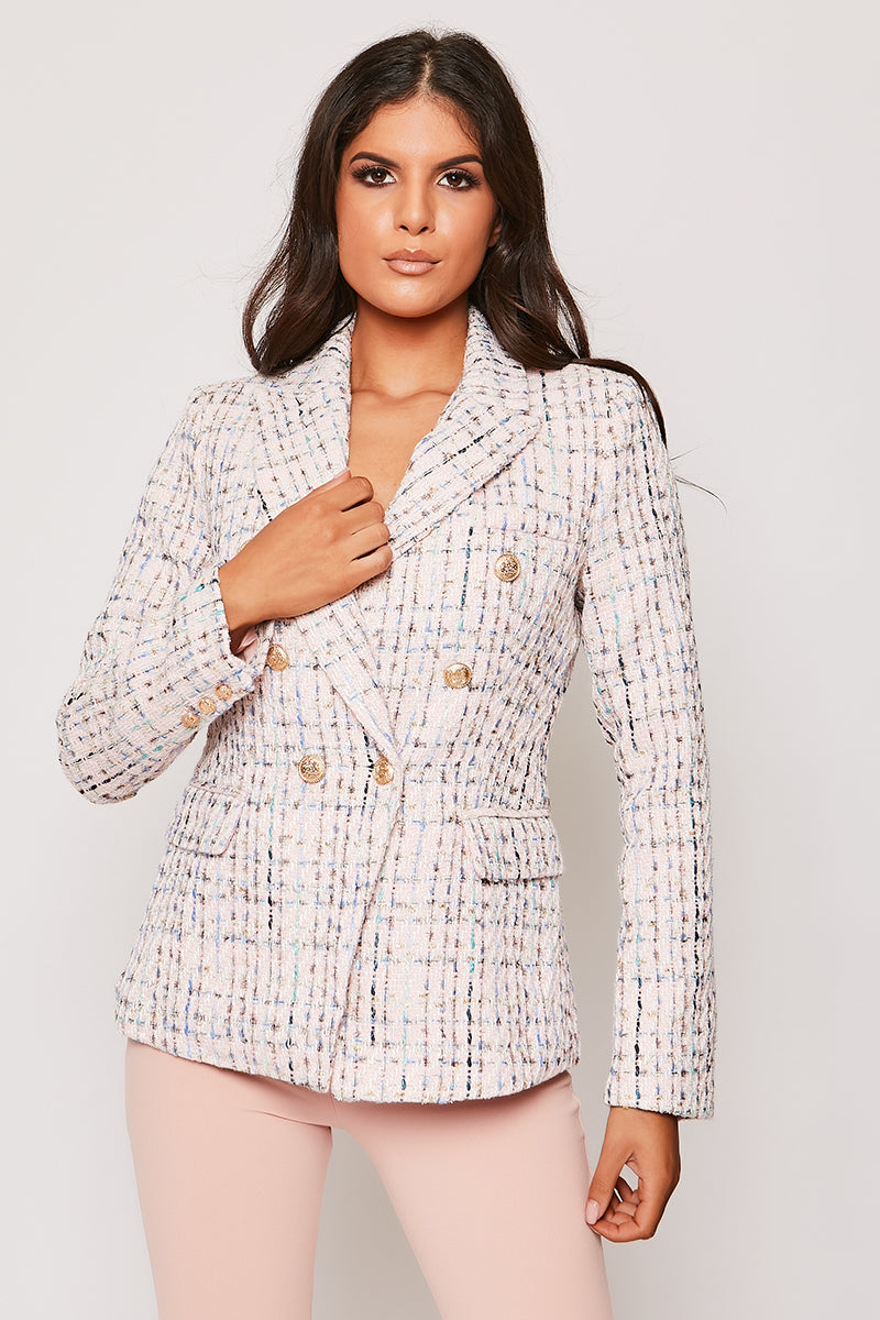 Cornelia - Pink Tweed Contrast Knit Thread Gold Button Blazer