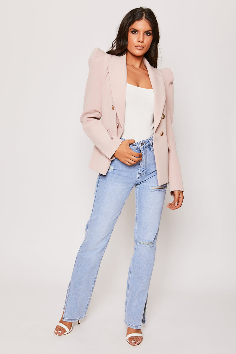 Savannah - Dusky Pink Gold Button Puff Sleeve Blazer