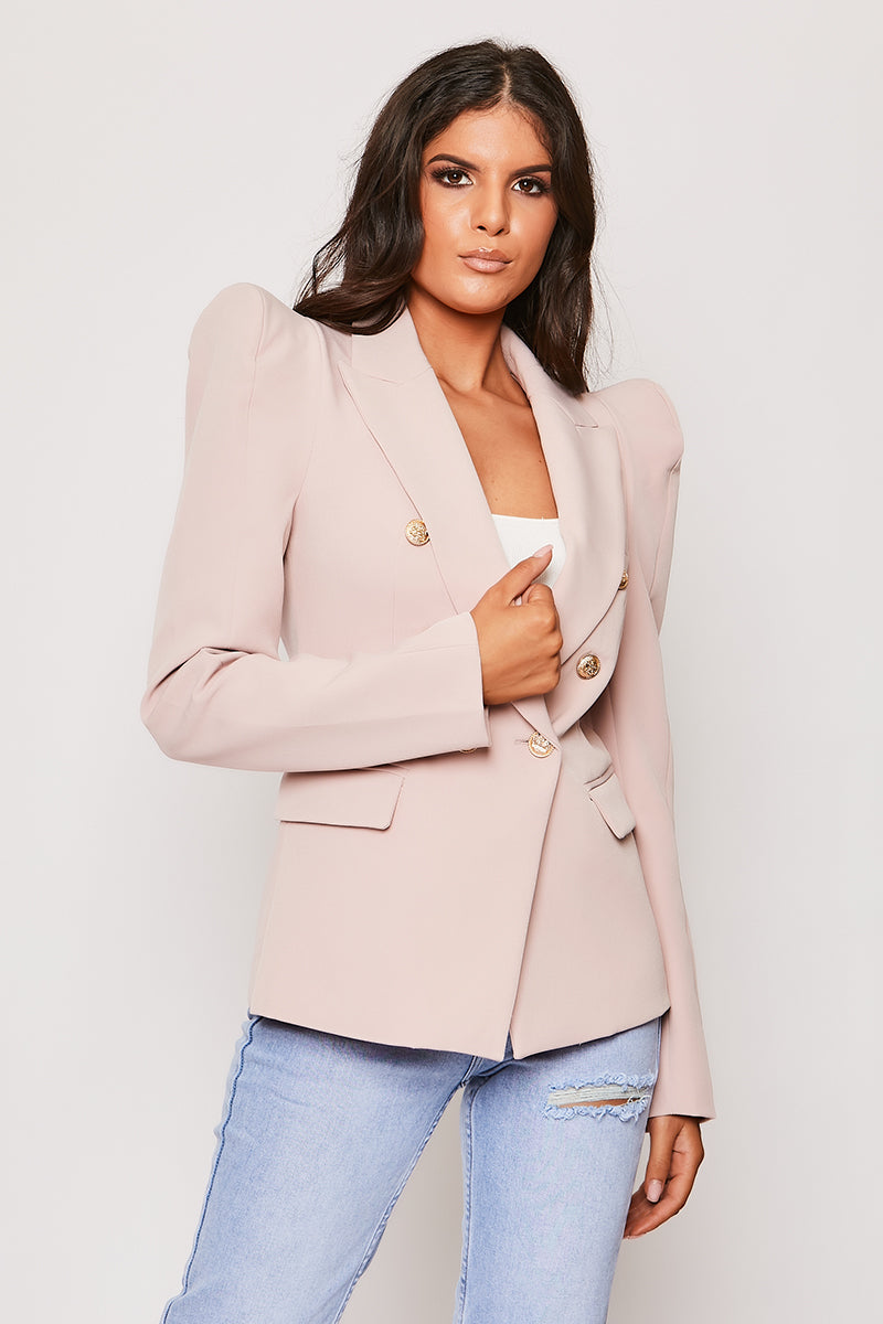 Savannah - Dusky Pink Gold Button Puff Sleeve Blazer