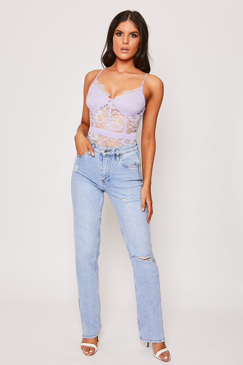 Francisca - Lilac Eye Lash Lace Trim Bodysuit, Bodysuits