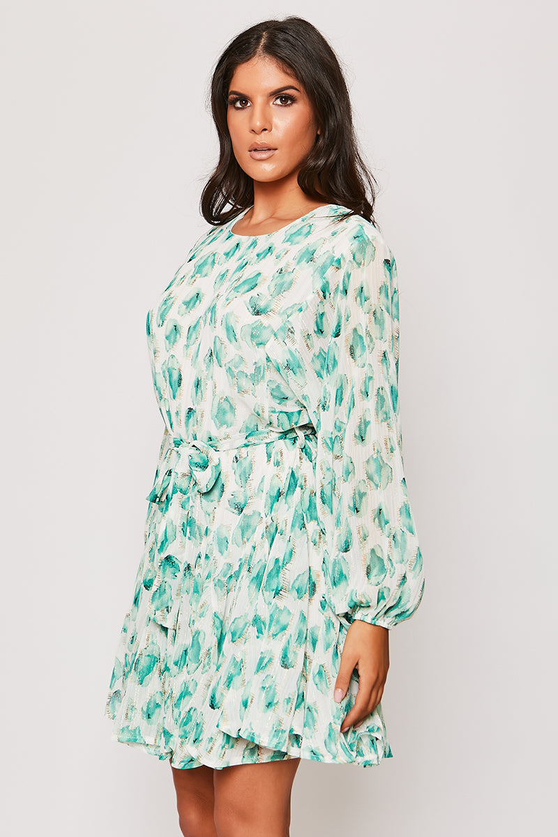 Delia - Green Foral Belted Long Sleeve Belted Day Dress