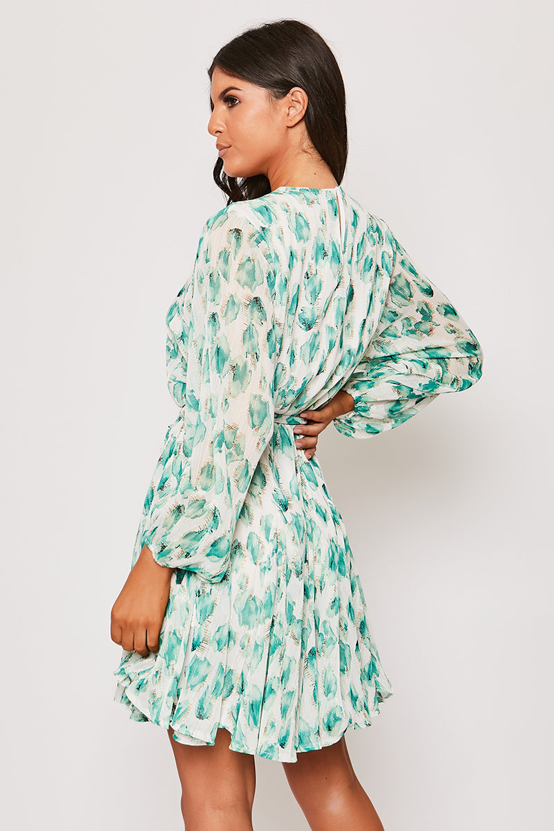 Delia - Green Foral Belted Long Sleeve Belted Day Dress