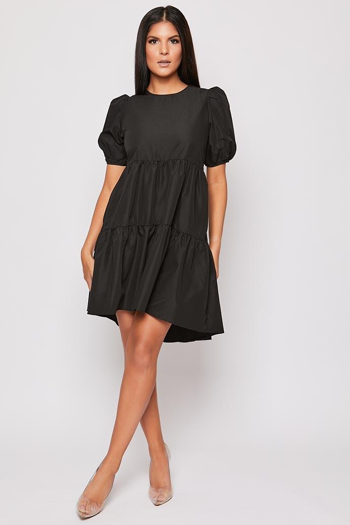 Mari - Black Tiered Short Sleeve Smock Dress