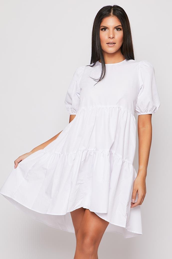 Mari White Tiered Short Sleeve Smock Dress Day Dresses Miss