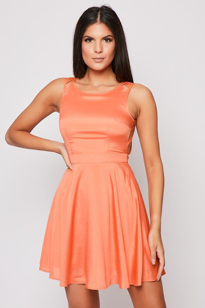 Brazil - Orange Detailed Backless Skater Dress | Miss G Couture Brazil - Orange Detailed Backless Skater Dress | Miss G Couture