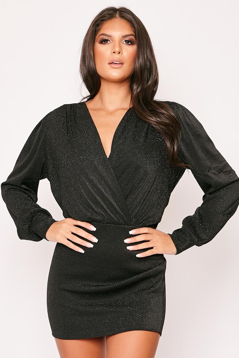 Larah - Black Lurex Glitter Long Sleeve Wrap Over Mini Dress Miss G Couture Larah - Black Lurex Glitter Long Sleeve Wrap Over Mini Dress Miss G Couture