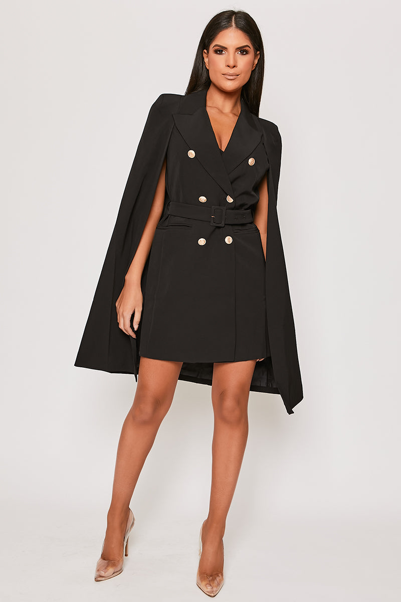 Brea - Black Caped Belted Blazer Dress