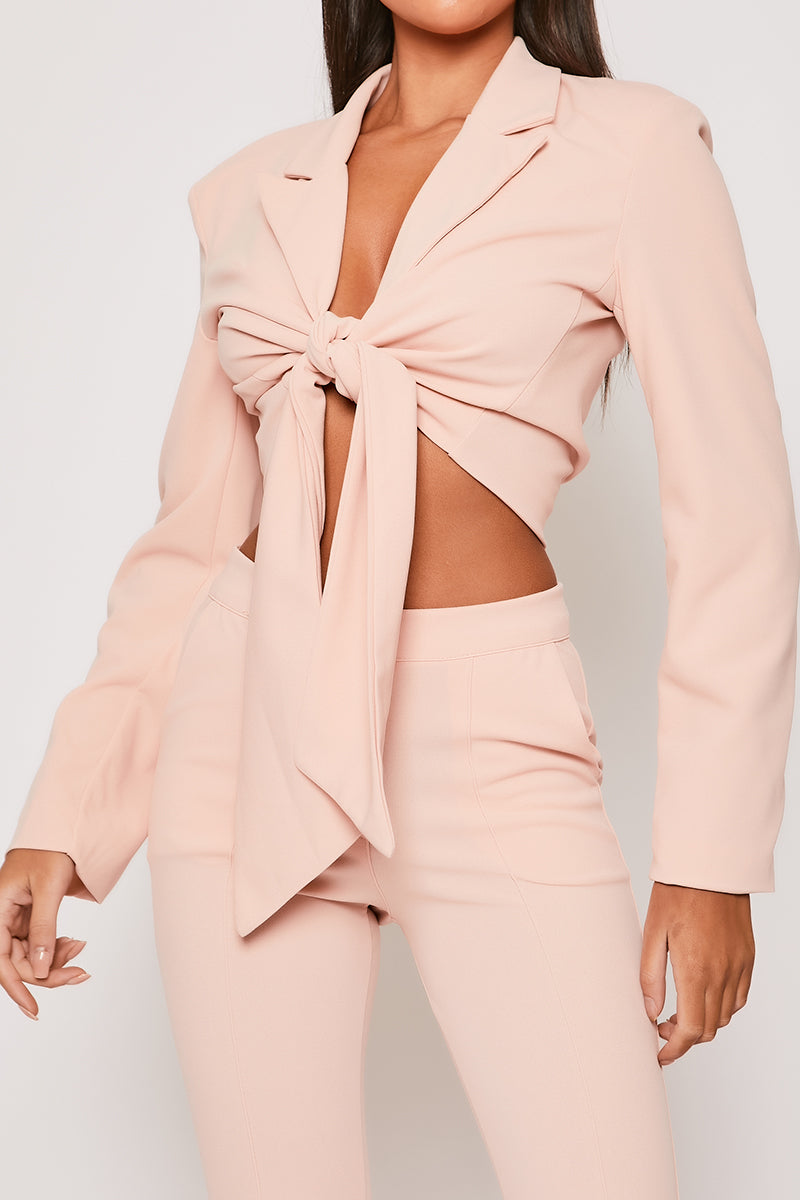 Blair - Baby Pink Tailored Front Knotted Blazer & Bell Bottom Trouser Set