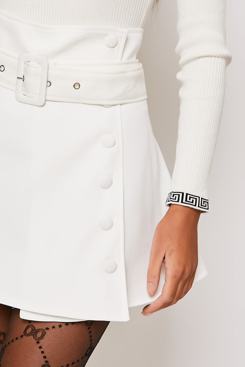 Abbey - White Tailored Side Buttoned Mini Skirt