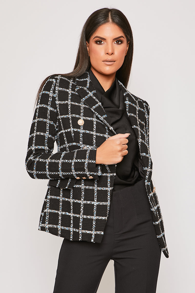 Coralia - Metallic Thread Black Check Gold Button Blazer