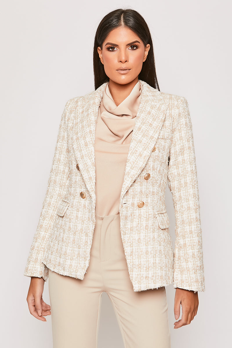 Clarisse - Nude & White Checked Knit Thread Gold Button Blazer