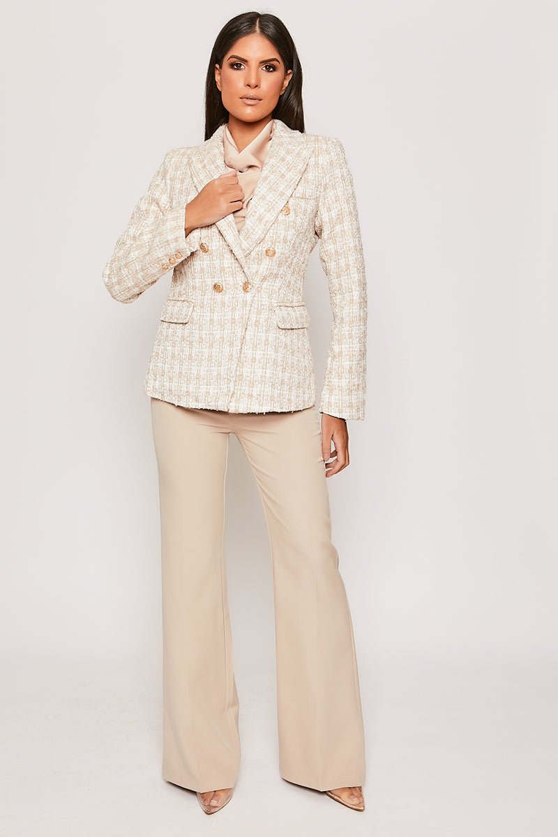 Clarisse - Nude & White Checked Knit Thread Gold Button Blazer