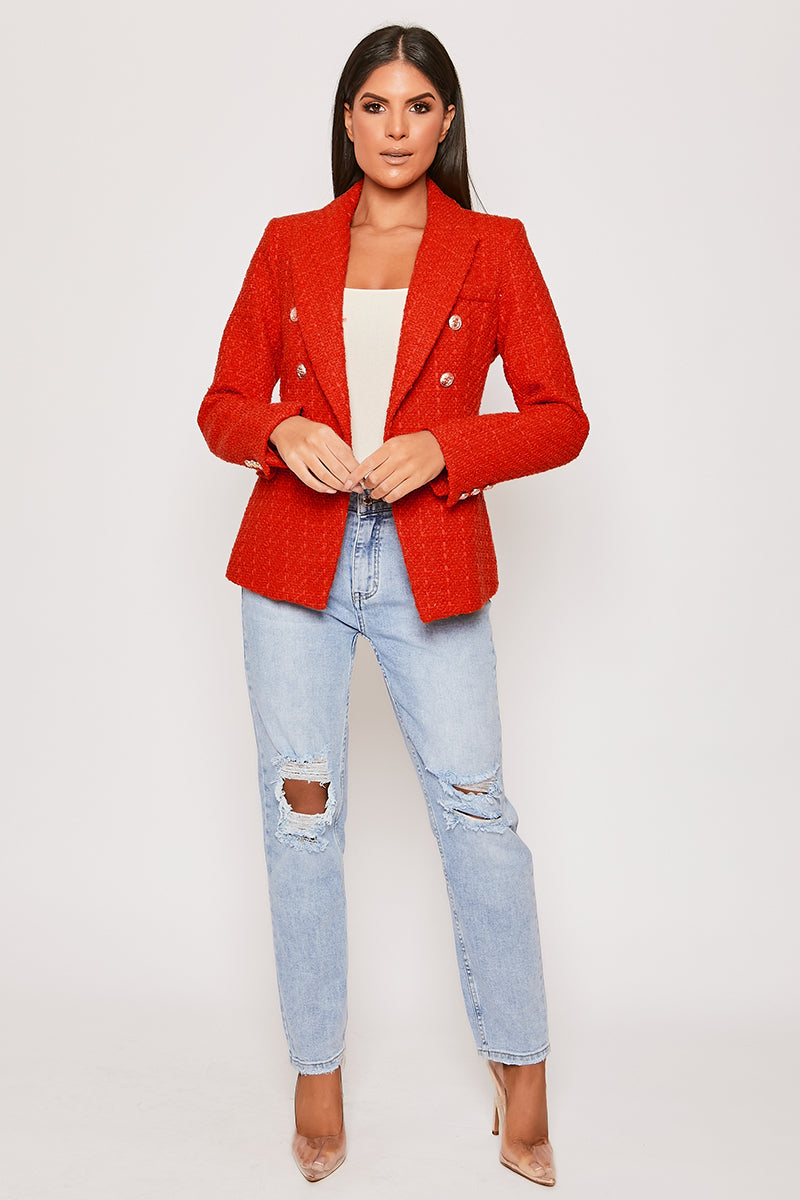 Clancy Premium Red Contrast Knit Thread Gold Button Blazer Miss G Couture