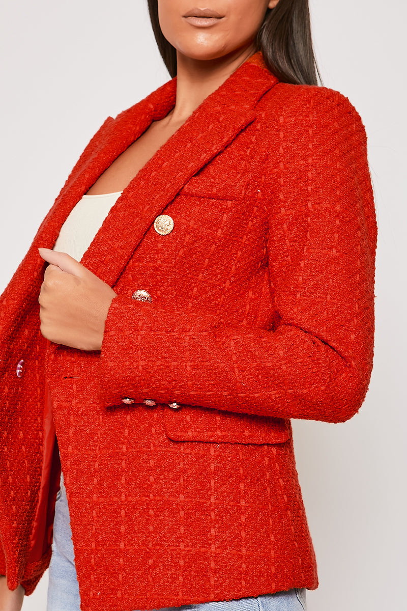 Clancy - Premium Red Contrast Knit Thread Gold Button Blazer