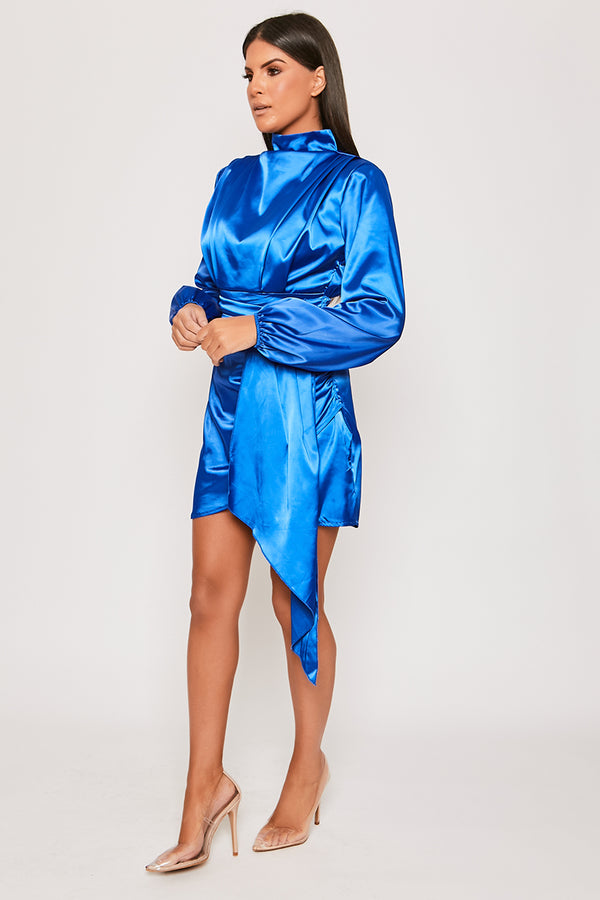 Cleaha - Royal Blue Satin High Neck Asymmetric Dress
