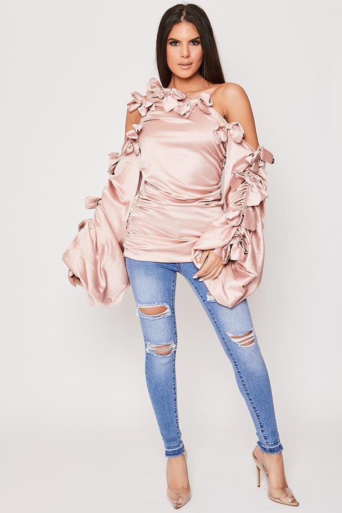 Cersi - Pink Satin Bow Detail One Shoulder Top