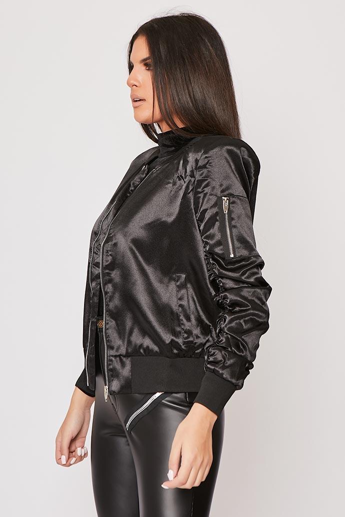 Misse - Black Ruched Sleeve Satin Bomber Jacket