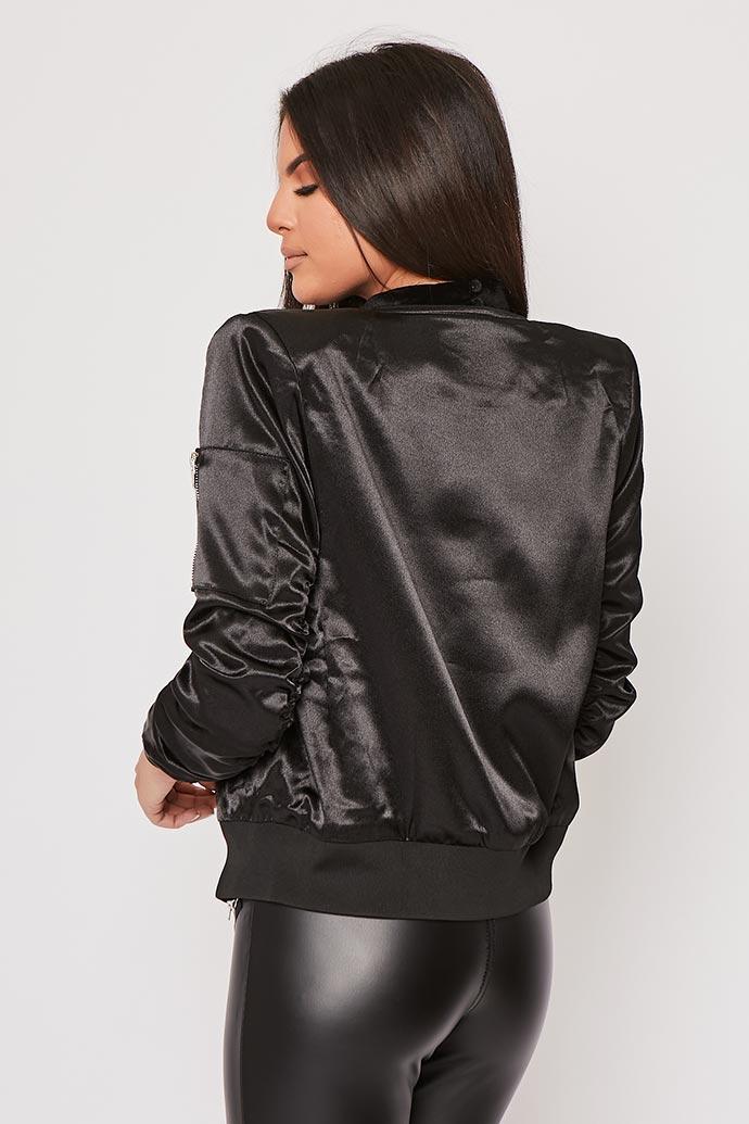 Misse - Black Ruched Sleeve Satin Bomber Jacket