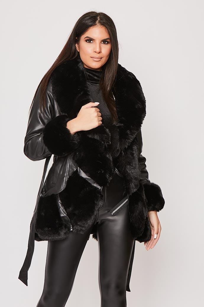 Black faux fur trim coat outlet