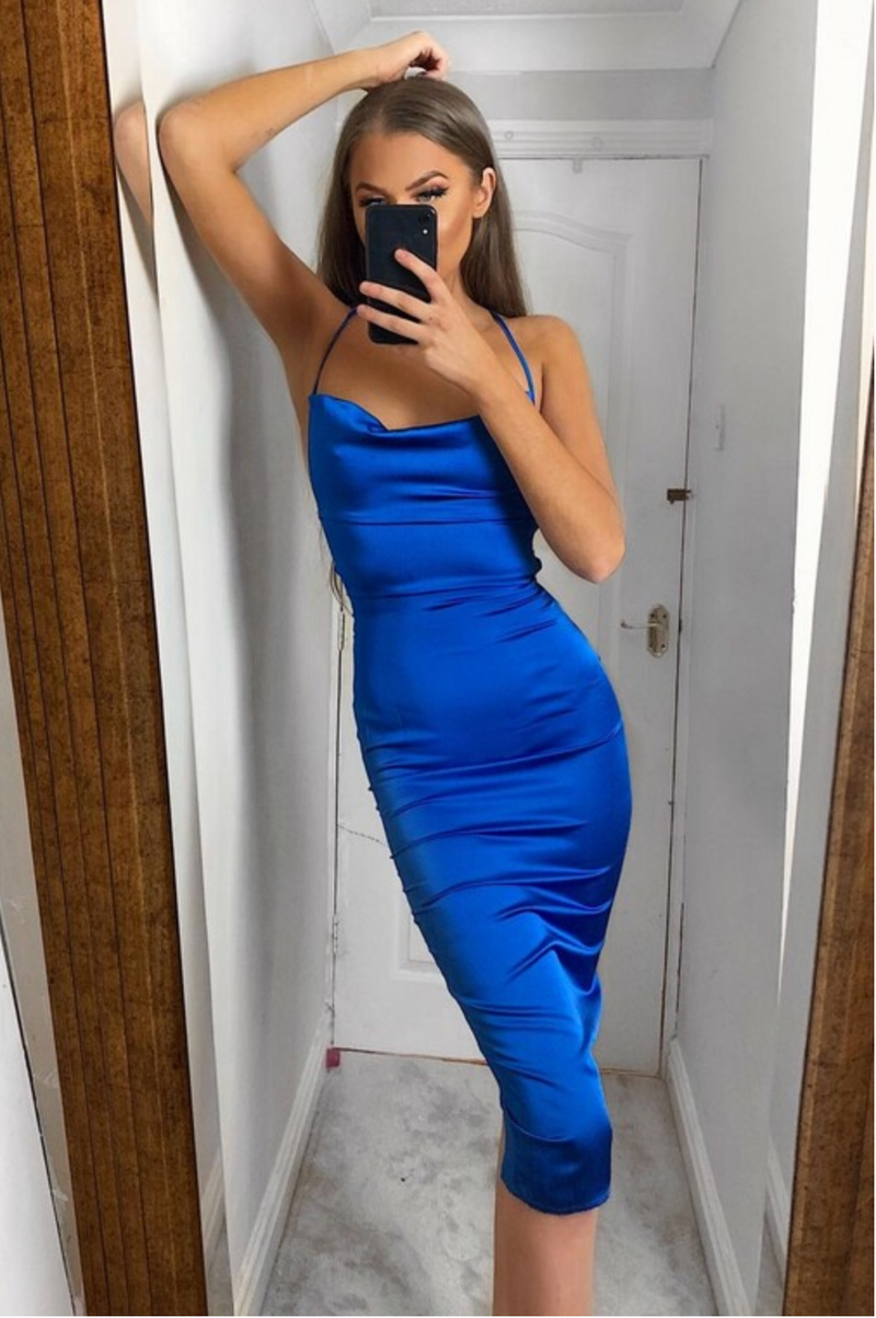 Brielle Royal Blue Tie Up Back Midi Bodycon Dress Satin