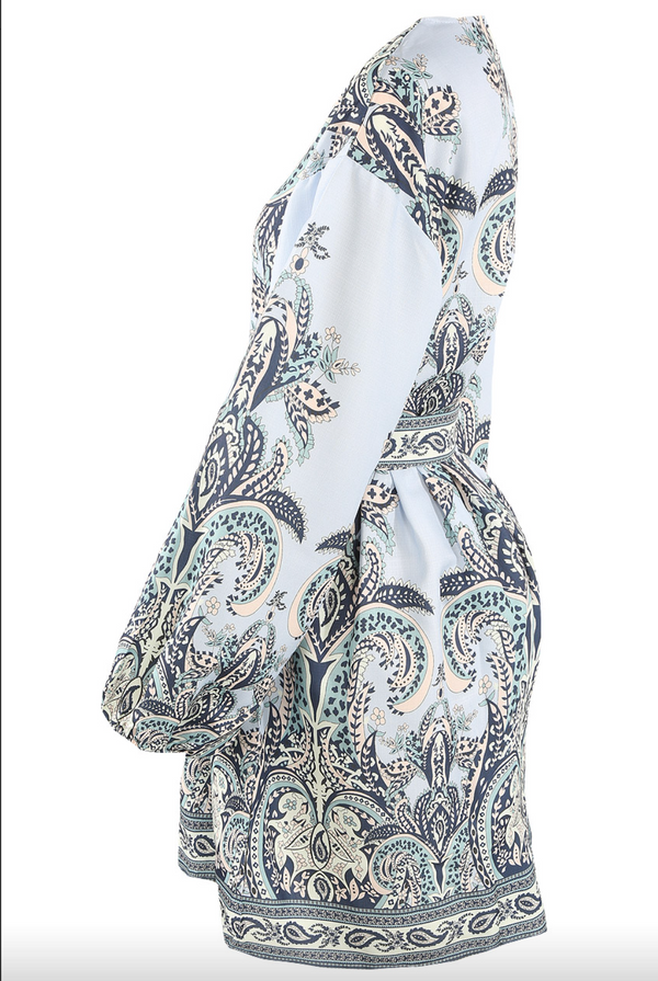 Marquis - Blue Paisley Belted Flare Mini Dress