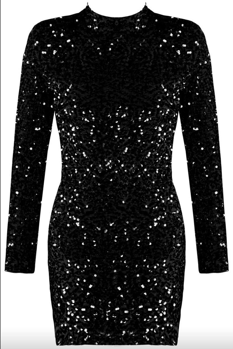 Leia - Black Long Sleeve High Neck Sequin Bodycon Dress