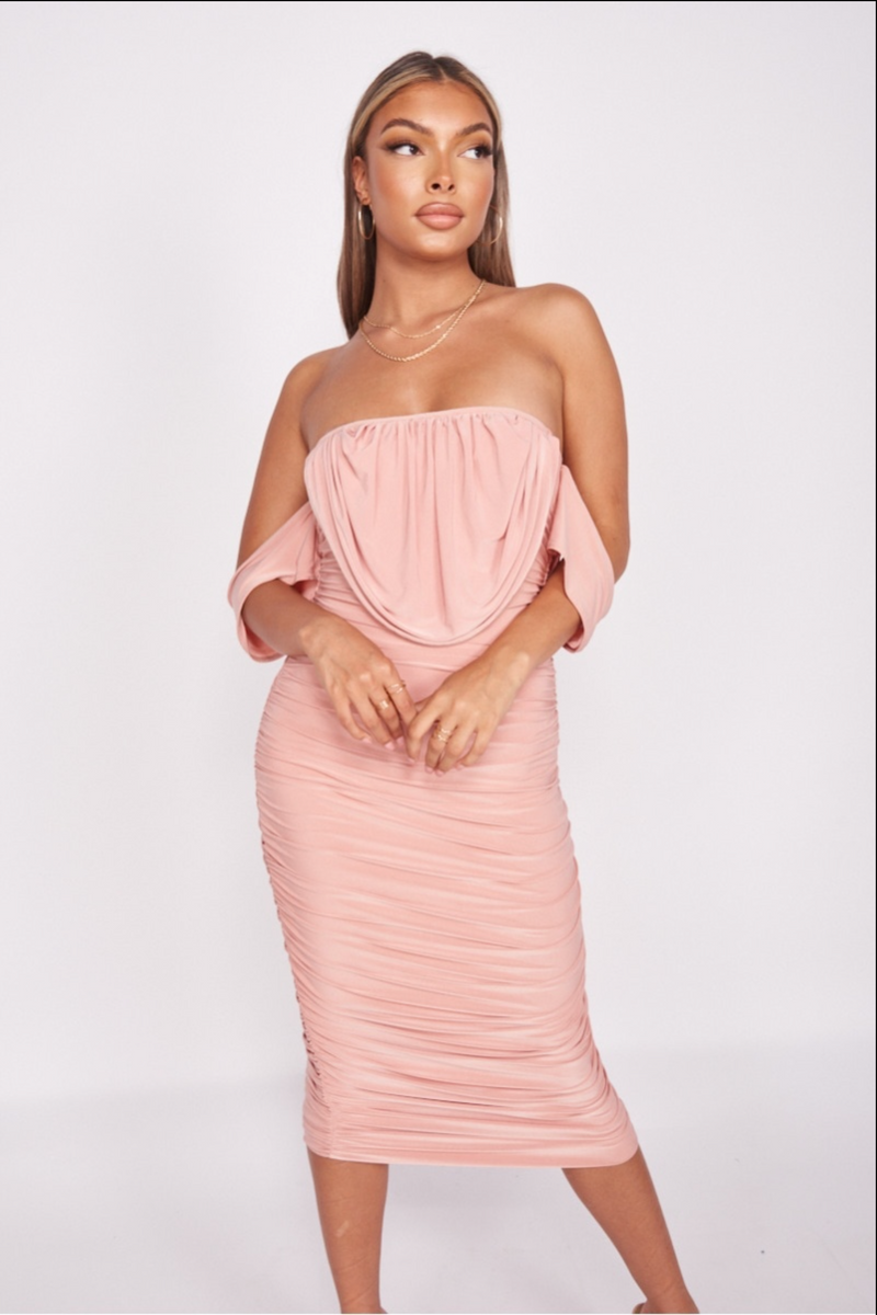 Rosea Pink Draped Off The Shoulder Slinky Midi Dress