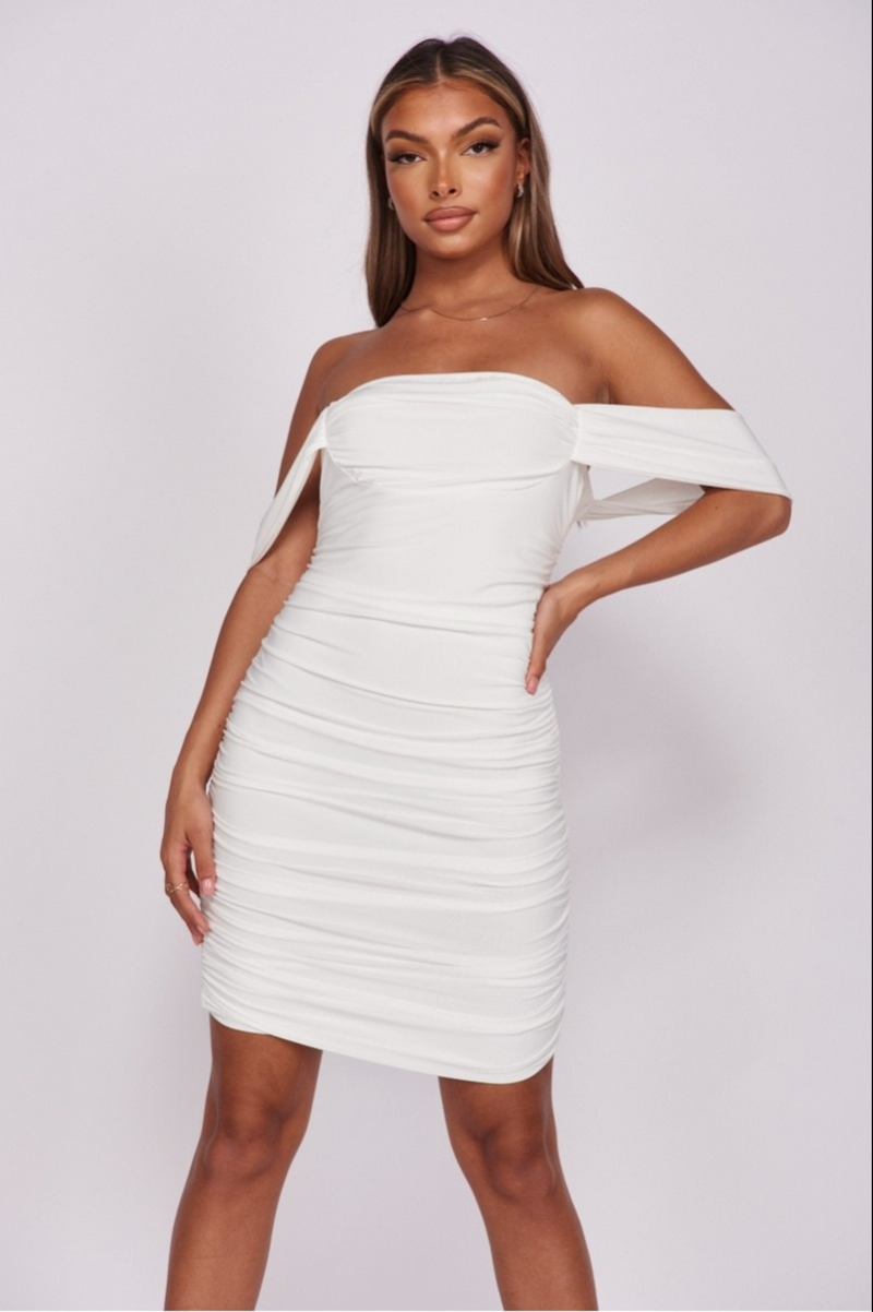 Millia - White Slinky Draped Sleeve Ruched Mini Dress