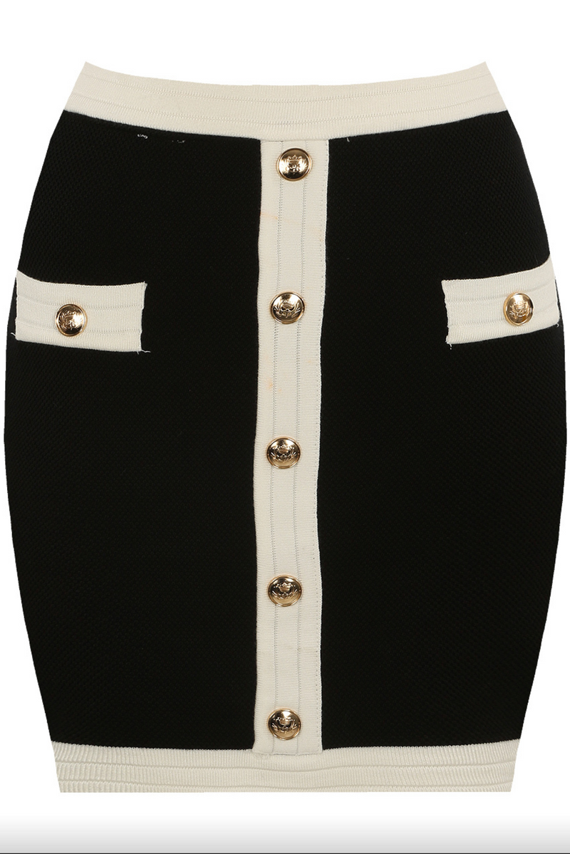 Autumn - Black & White Gold Button Fine Knitted Skirt
