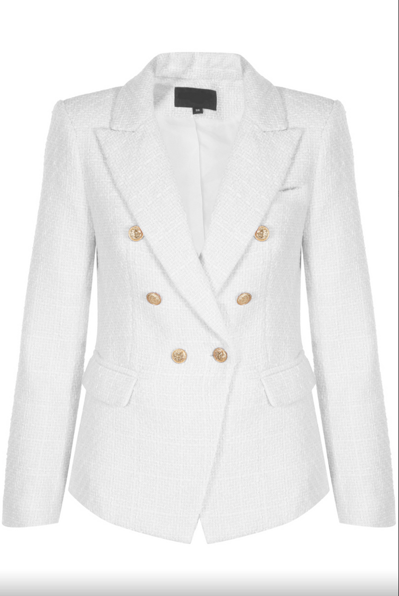 Clancy - Premium White Contrast Knit Thread Gold Button Blazer
