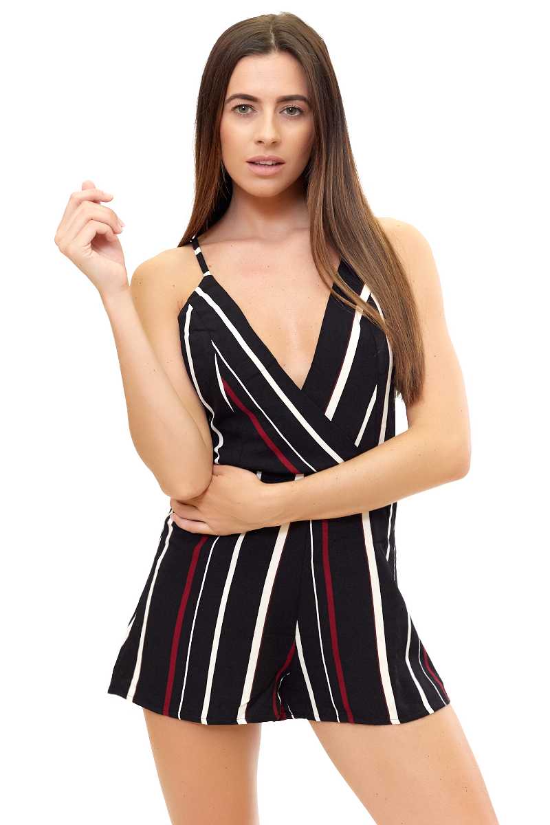 Brynna - Black strappy striped playsuit 