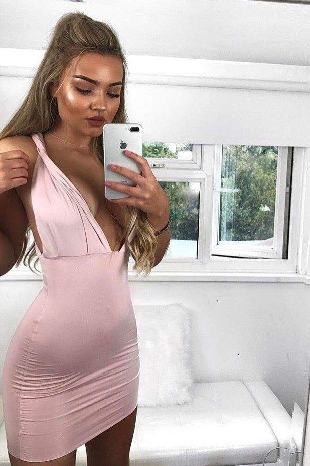 Francesca - Pink Twisted Shoulder Mini Bodycon Dress 