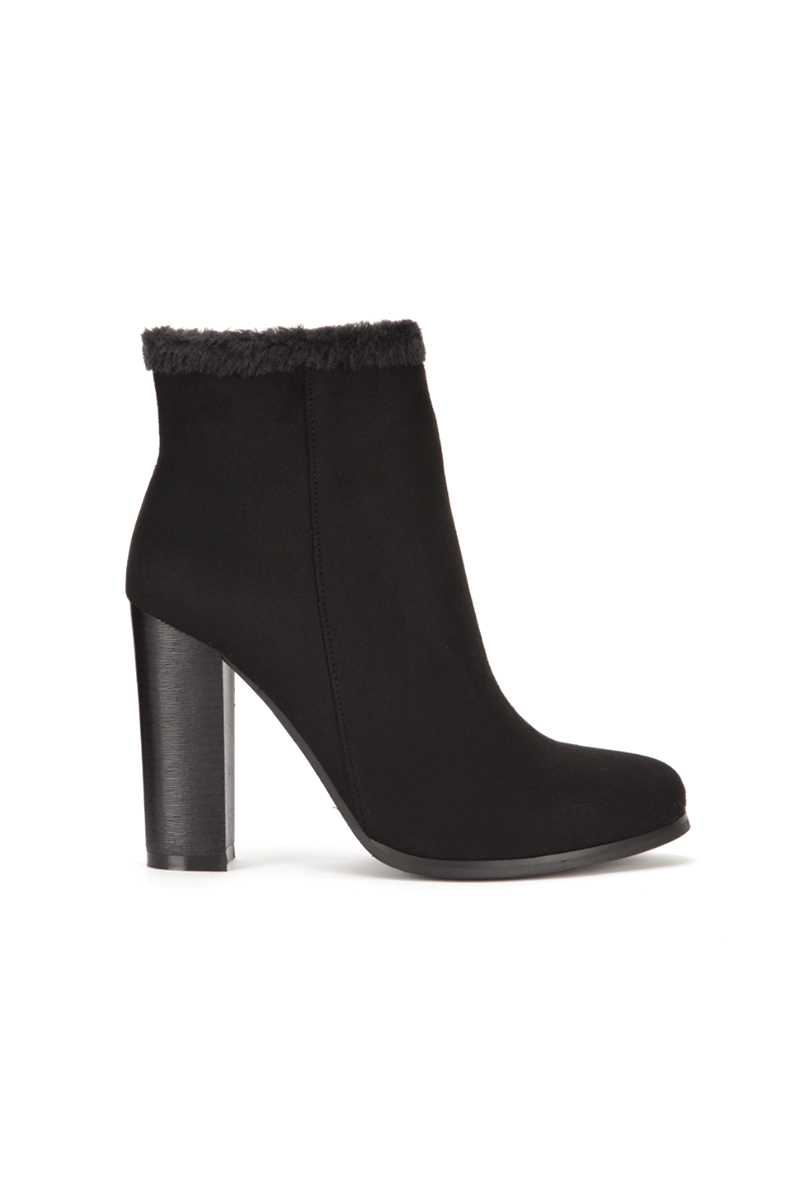 Kenley - Black Fur Trim Faux Suede Ankle Boots 