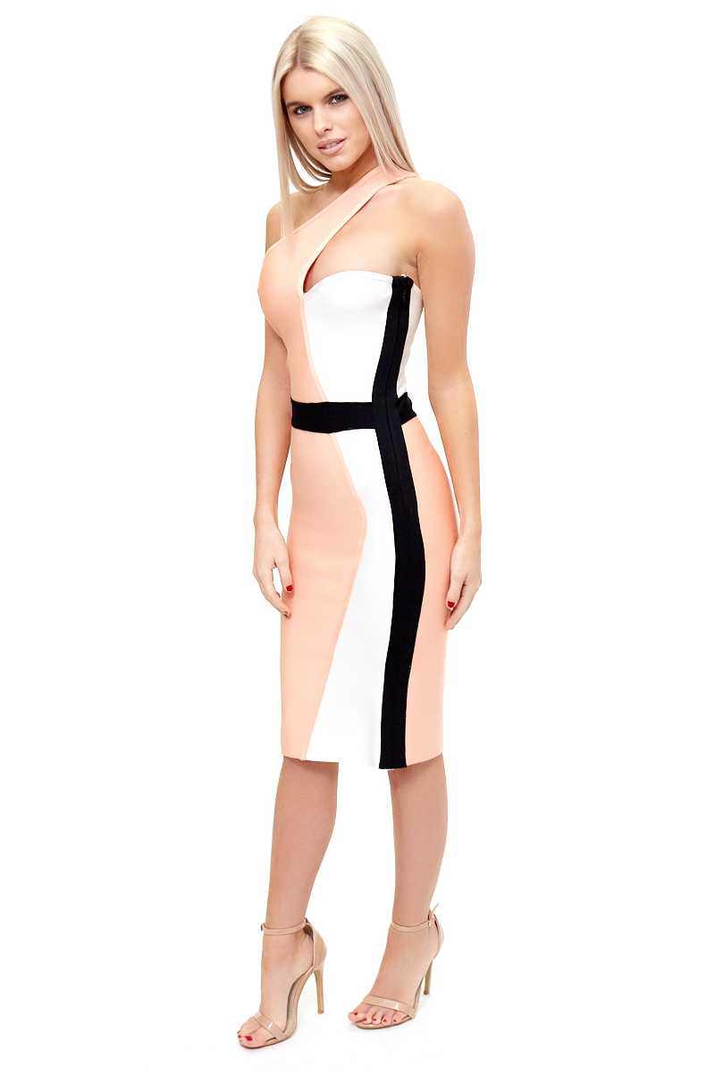 Lea - One Shoulder Peach Colour Block Bandage Dress